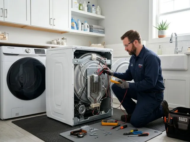 Appliance Repair Hero technician checking a dryer heating element with the rear panel off in Barrington, NH