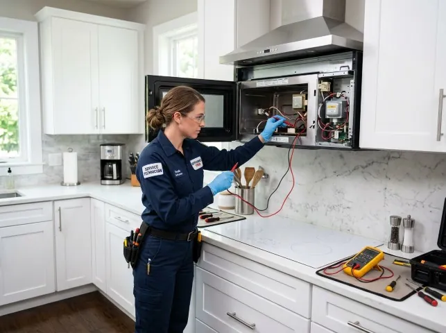 Appliance Repair Hero technician testing an over-the-range microwave in a Barrington, NH kitchen