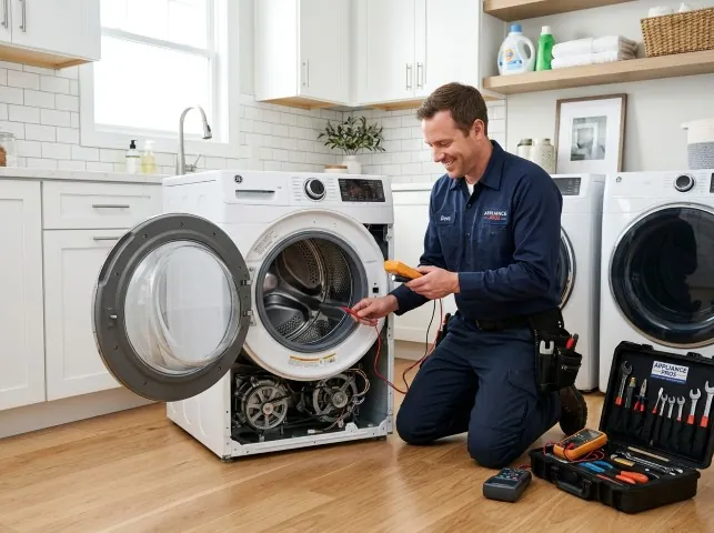Appliance Repair Hero technician testing a front-load washer with a multimeter on a Barrington, NH service call